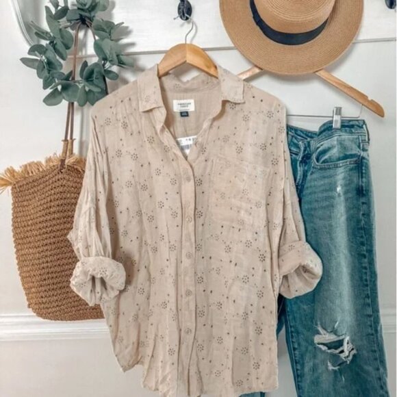 American Eagle Go Big Oversized Eyelet Embroidered Shirt | S - Picture 1 of 8